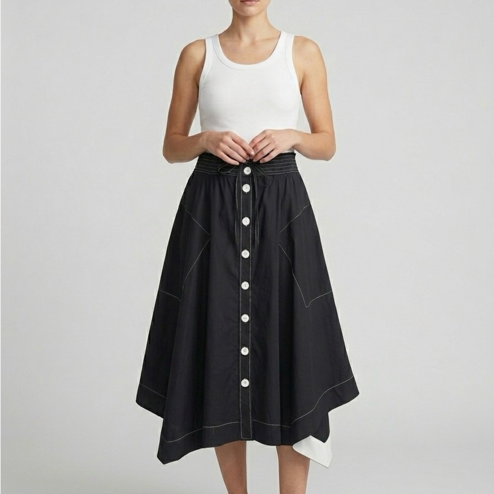 Abstract Contrast Stitch Tracy Reese Black Cotton Midi Skirt Size M Medium